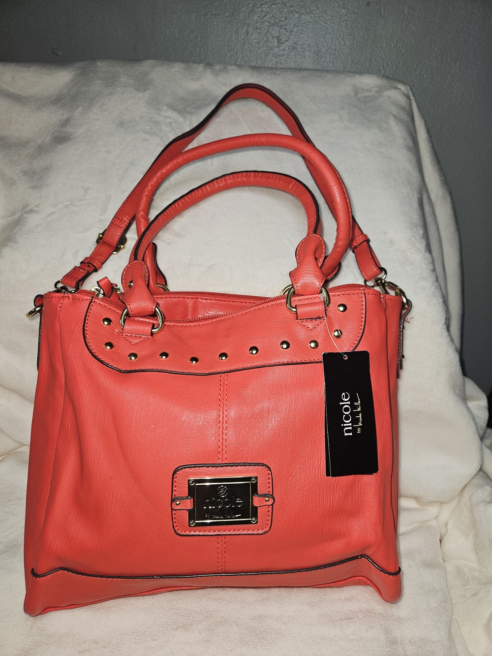 Nicole Miller Coral Leather Tote Bag 12" X 10"